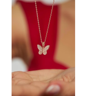 Zirkon Taşlı Rose Kelebek Gümüş Kolye