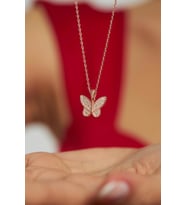 Zirkon Taşlı Rose Kelebek Gümüş Kolye