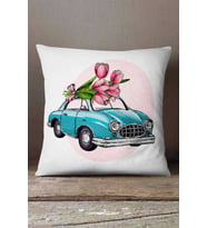 Kadife Babyface Beyaz Pembe Çiçekli Arabalı Kırlent Yastık Kılıfı 43x43 Cm