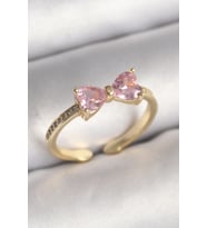 Pirinç Gold Renk Pembe Zirkon Taşlı Kalp Fiyonk Model Kadın Yüzük TJ-BYK3641