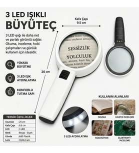 3 Ledli 10x95mm Işıklı Mercekli El Büyüteci Okuma Tamir Kitap Çalışma İçin Işıklı Okul Büyüteç