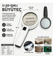 3 Ledli 10x95mm Işıklı Mercekli El Büyüteci Okuma Tamir Kitap Çalışma İçin Işıklı Okul Büyüteç