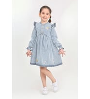 Kız Çocuk Papatya Nakışlı Omuz Fırfırlı Jean Elbise 12466 MODANINO (Açık Mavi)