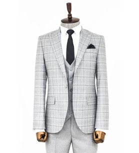 Açık Gri Ekose Ceketli Slim Fit Takım Elbise - Wessi (Gümüş)