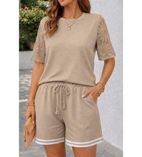 Kadın Kısa Kollu Bisiklet Yakalı Waffle Bluz Ve Short Ikili Takım