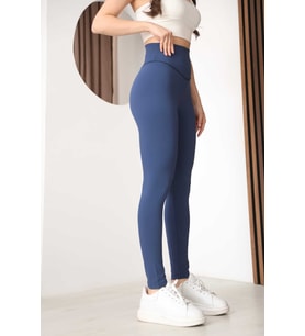 Kadın Mavi Yüksek Bel Yoga ve Pilates Taytı - Esnek Polyester Spandex Toparlayıcı Spor Tayt