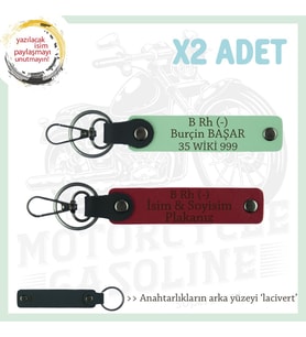 Motorcu Yolculara, İsim Plaka ve B Rh (-) Yazılı Güvenli Sürüş x2 Anahtarlık Set, Kırmızı-Yeşil-Laci (Çok Renkli)