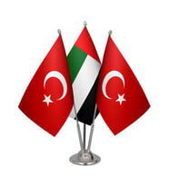 Masa Üstü Birleşik Arap Emirlikleri Bayrağı Türk Bayrağı Üçlü Krom Direk Masa Bayrak Seti