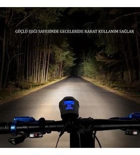 TechTic LCD Hız Göstergeli Su Geçirmez 1500Mah Kornalı Bisiklet Feneri Scooter Ön Far Lamba Işık