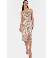 Leopar Desenli Kolsuz Midi Elbise Yazlık Bodycon Dokuma Mükemmel Uyum Konforlu Kesim Şık Görünüm