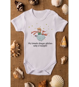 Unisex Bebek Küçük Prens Baskılı Beyaz Çıtçıtlı %100 Pamuklu Zıbın