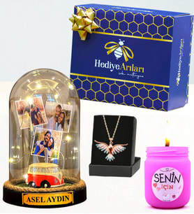 Size Özel Led Işıklı Fanus, Renkli Anka Kuşu Kolye ve Kokulu Mum Premium Hediye Kutusunda (Model 6)