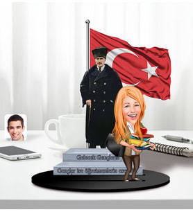 BK Gift Kişiye Özel Atatürk ve Kadın Öğretmen Temalı 2 Katmanlı Karikatürlü Ahşap Biblo- 5-2, Öğretmene Hediye, Öğretmenler Günü, 100. Yıl Hediyesi
