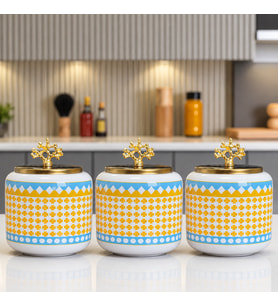 Baharatlık 3 lü Oval Büyük Boy Kahve Köşesi Seti 1400 ml (Çay,Kahve,Şeker) Geometrik Yonca Gold