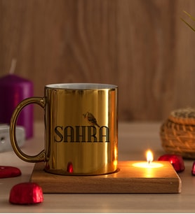 Kişiye Özel Minik Serçe İsim Yazılı Ahşap Altlıklı Mumlu Gold Kupa