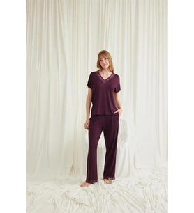 Amora Secret Kısa Kollu V Yakalı Dantelli Viskon Pijama Takımı