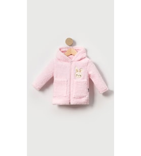 Tavşan Nakışlı Fermuarlı Cepli Kız Bebek Peluş Welsoft Kışlık Hırka-Pembe