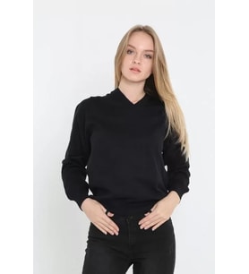 Unisex Uzun Kol V Yaka Triko Kazak - Siyah