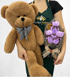 Büyük Boy Kahverengi Peluş Ayıcık ve 3'lü Peluş Ayıcık Buketi (Model 1)