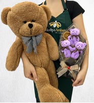 Büyük Boy Kahverengi Peluş Ayıcık ve 3'lü Peluş Ayıcık Buketi (Model 1)