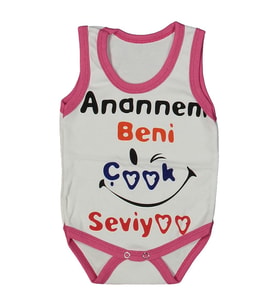 Kız Bebek Beyaz Fuşya Biyeli Anaannem Beni Seviyor Yazılı Askılı Zıbın