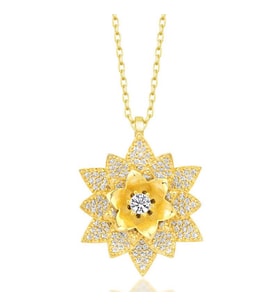 Gümüş Gold Beyaz Taşlı Lotus Çiçeği Kadın Kolye