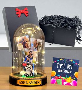 Kişiye Özel 3 Fotoğraflı Yazılı Led Işıklı Fanus - Doğum Günü Hediyesi İyi Ki Doğdun (Model 4)