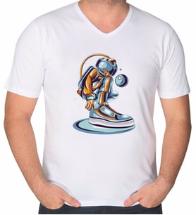 BK Gift Astronot Tasarımlı V Yaka Tişört-1 (Beyaz)