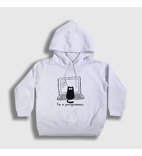 Presmono Unisex Çocuk Beyaz Cat Purrgrammer Developer Yazılımcı Kapüşonlu Sweatshirt 331438tt