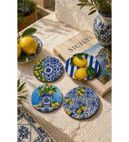 Limon Desenli Bardak Altlığı 4'lü Set – Sicilya Temalı - 9 cm, 3 mm MDF, UV Baskı, Dekoratif Bardak Altlık