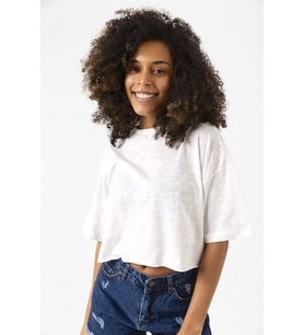 Basic Kırçıllı Beyaz Oversize Crop Tshirt