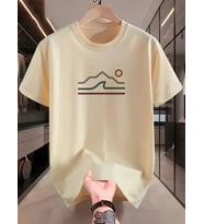 Unisex Güneşli Dağ Tasarım Basklı Tshirt (Bej)