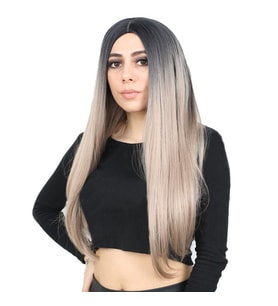 Fiber Sen Uzun Düz Peruk / Siyah / Küllü Bebek Sarı Ombreli