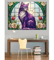 Vitray Desenli Mor Mistik Kedi Dekoratif Kanvas - Mdf Ahşap Tablo