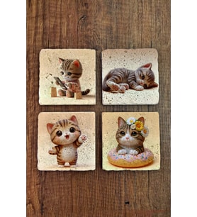 Doğal Taş Bardak Altlığı 4'lü Set 10x10x1 cm Sevimli Kedi Desenleri -Stone Coasters
