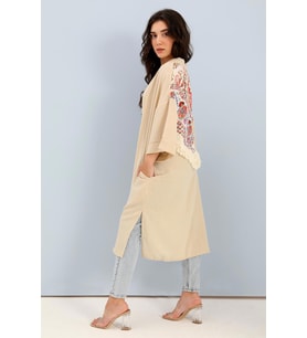 Kimono Arkası Baskılı Püsküllü Keten - Bej