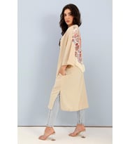 Kimono Arkası Baskılı Püsküllü Keten - Bej