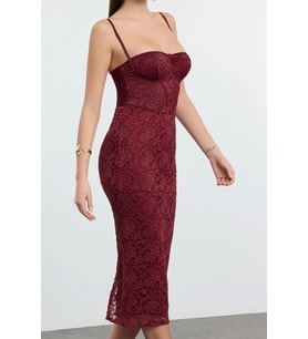 Moda Stil Fitted Kalp Yaka Midi Boy Bordo Örme Astarlı Dantel Elbise (Koyu Bordo)
