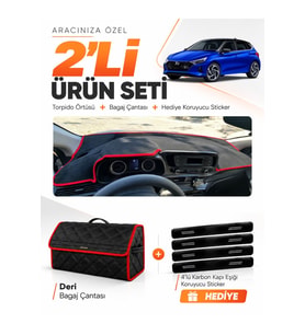 HYUNDAİ İ20 (2020-2024) Uyumlu Torpido Örtüsü + Deri Bagaj Çantası + Sticker Seti - Siyah Kırmızı