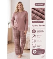 Lindros Kadın Düğme Yaka Raporlu İnterlok KIŞLIK Battal Pijama Takımı 02770 - 1 Adet