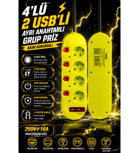4'lü Grup Priz 2 USB'li 1.5 Metre Ayrı Anahtarlı Akım Korumalı Uzatma Kablosu 16A 250V Ev Ofis Tipi