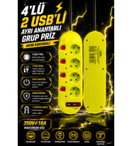 4'lü Grup Priz 2 USB'li 1.5 Metre Ayrı Anahtarlı Akım Korumalı Uzatma Kablosu 16A 250V Ev Ofis Tipi