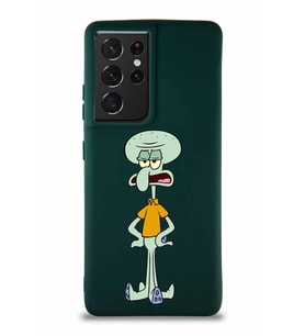 Samsung Galaxy S21 Ultra Soft Premier Kapak Squidward Dokunaç Tasarımlı Silikon Kılıf - Yeşil (Şeffaf)