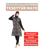 Premium Yüksek Kalite Konforlu Fermuarlı Tam Kapalı Yüzücü Deniz Havuz Desenli Taytlı TESETTÜR MAYO