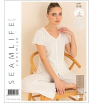 Seamlife Kadın %100 Pamuk Kalp Desenli Önü Düğmeli Kısa Kollu Pijama Takımı (Ekru)