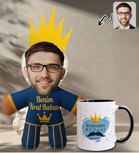 BK Gift Kişiye Özel Fotoğraflı Kral Babam Tasarımlı Bebek Yastık-2 & Siyah Kupa Bardak Hediye Seti-12, Babalar Günü Hediye, Babaya Hediye