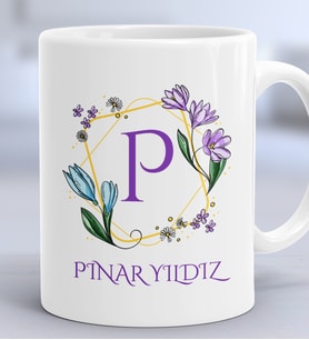 Kişiye Özel Çiçekli P Harfli Hediye Kupa Bardak İsim Soyisim Yazılı (Beyaz)