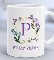 Kişiye Özel Çiçekli P Harfli Hediye Kupa Bardak İsim Soyisim Yazılı (Beyaz)