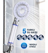 Masaj Etkili Filtreli Duş Başlığı 5 Fonksiyonlu Yağmur Sis Geniş Su Akışı