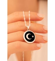 Kadın Gümüş Kolye - Türk Bayrağı Ay Yıldız Kadın Gümüş Kolye Zincir